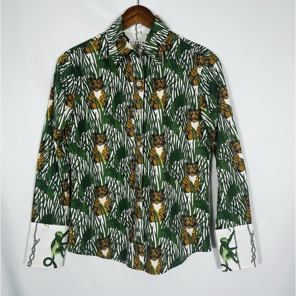 Tizzie Dizzy Lizzie Rome Button Up Top Novelty XS Tiger Jungle Grass Monkey Cuff